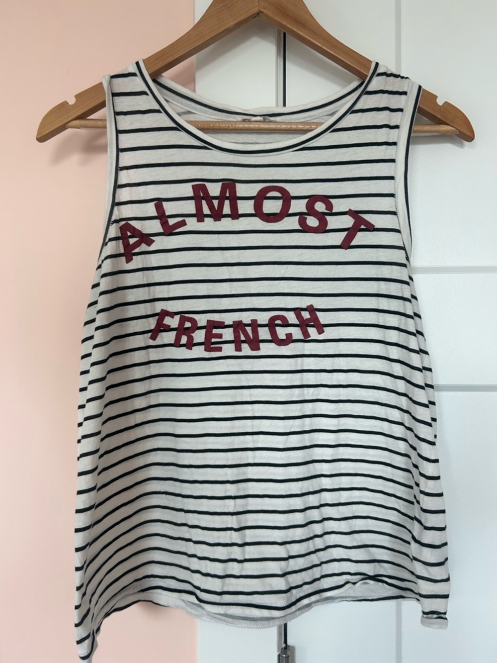 Sundry Striped Sleeveless Tank Top with 'Almost French' Script - White/Black